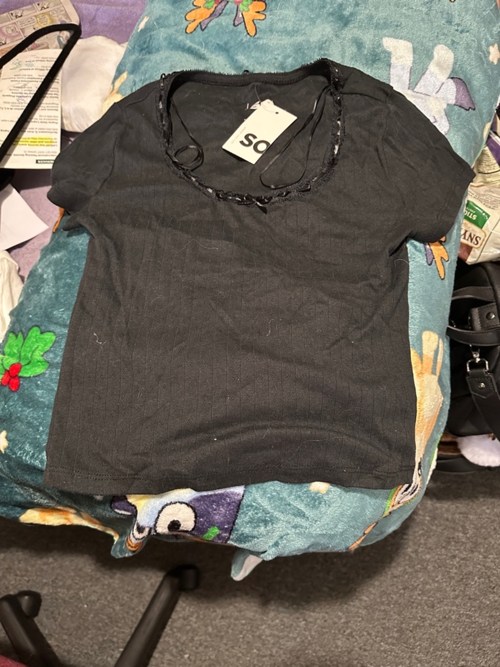 SO Black Short Sleeve Women’s Top with Trimmed Scoop Neck